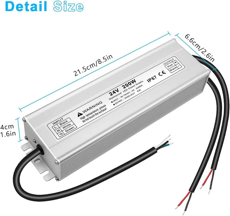 24V Waterproof LED Transformer – 200W–500W Outdoor LED Driver, 90–140V AC Input, Single or Dual Wire Output, CE/RoHS/FCC Certified, US Plug & Wire Lead Options