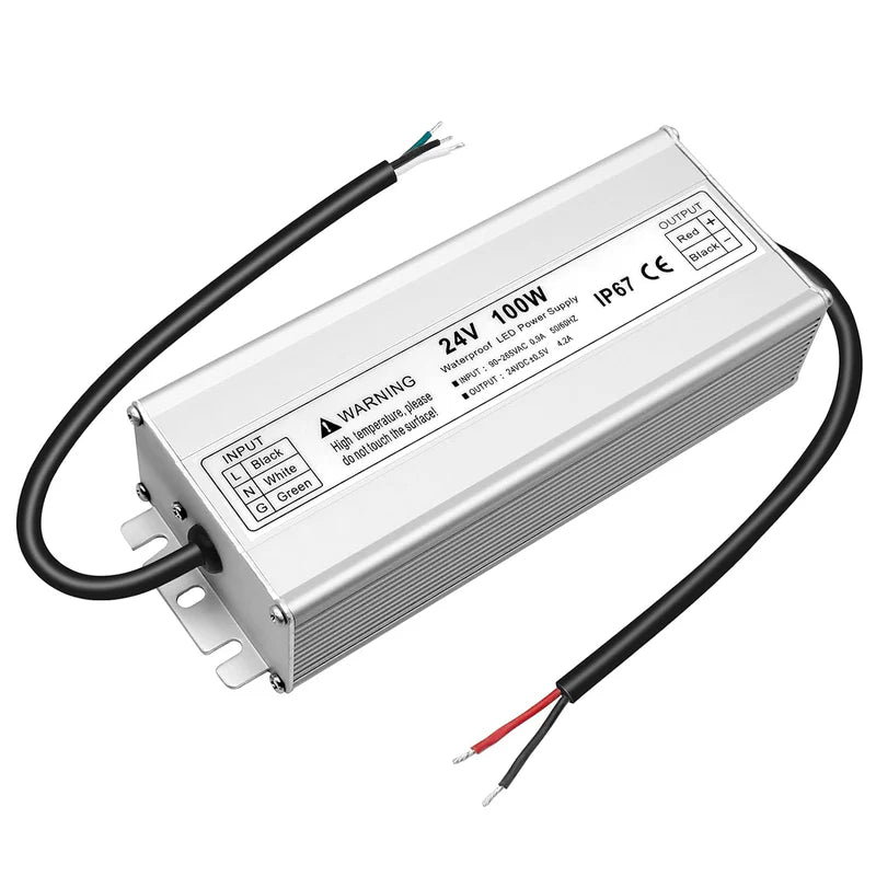 24V Waterproof LED Power Supply – 30W–300W Outdoor LED Driver, 90–265V AC Input, Single or Dual Wire Output, CE/RoHS/FCC Certified, US/UK/EU Plug & Wire Lead Options