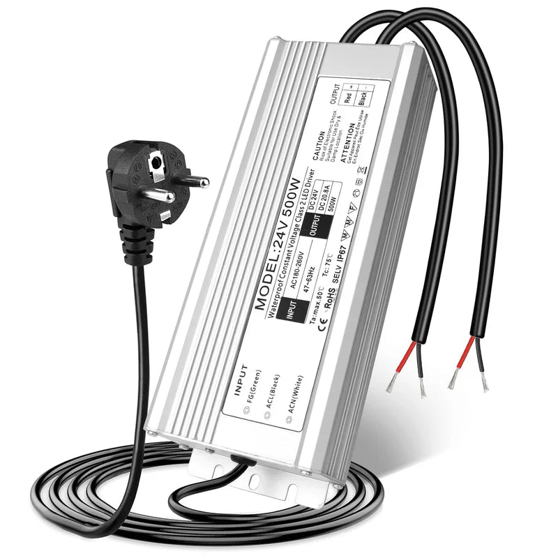 24V Waterproof LED Driver – 200W–500W Outdoor Power Adapter, 175–265V AC Input, Single or Dual Wire Output, CE/RoHS/FCC Certified, UK/EU Plug & Wire Lead Options