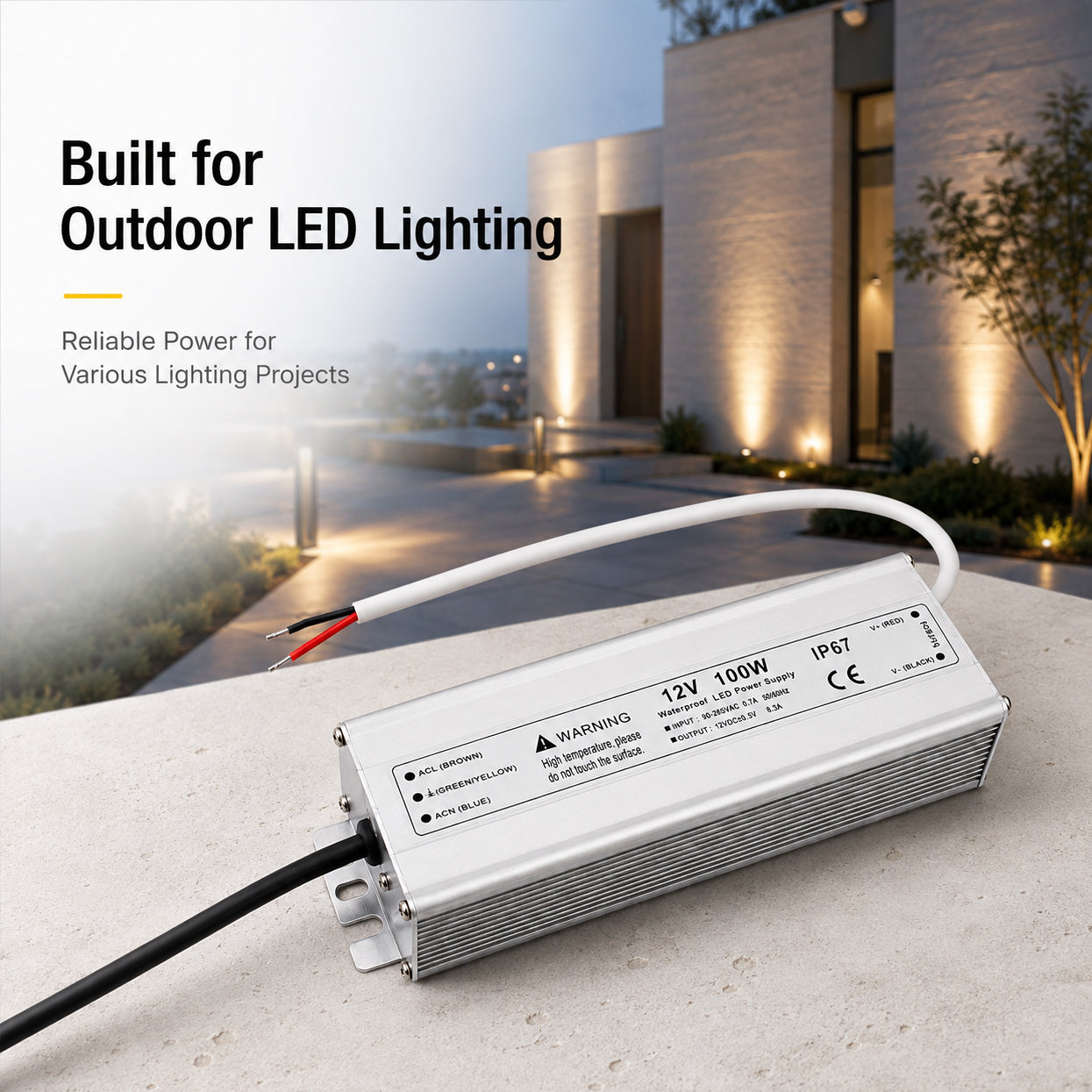100W 12V/24V Waterproof LED Power Supply, 90-265V Input, Single Output, Aluminum Housing, Outdoor LED Lighting Driver, CE/RoHS/FCC Certified, US/UK/EU Plug