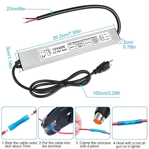 45W 12V Waterproof LED Power Supply, 90-265V Input, Single Output, Aluminum Housing, Outdoor LED Lighting Driver, CE/RoHS/FCC Certified, US/UK/EU Plug