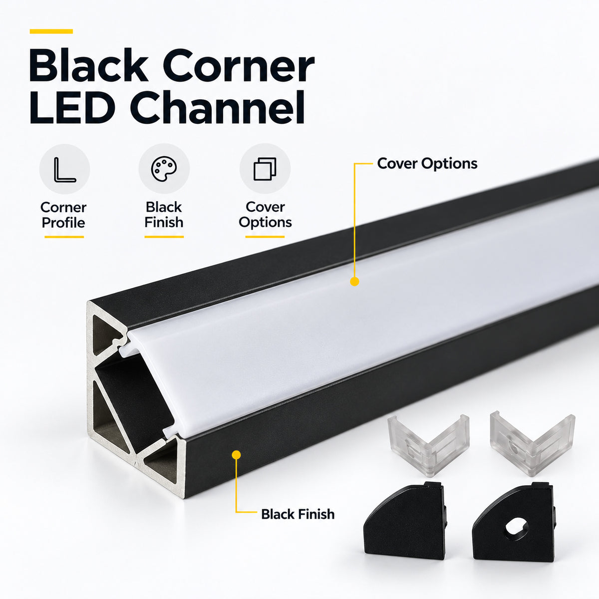 Black V03 18x18mm V-Shape Corner-Mount LED Aluminum Channel, 12mm Inner Width, with Cover, End Caps & Mounting Clips