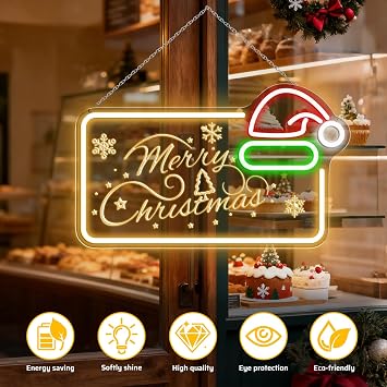 LED Neon Signs – MERRY CHRISTMAS Silicone Neon Sign with Santa Hat – 16.5×10 Inch | Yellow, Red, Green & White Glow Neon Lamp with Accessories Included | Hanging Holiday Decor for Christmas Party, Bedroom & Home Spaces