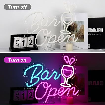 BAR OPEN Silicone LED Shop Sign – 16.5×14.3 Inch | 5V USB Powered Dimmable Commercial LED Sign | White + Pink + Blue Glow with Wine Glass Design | Window Hanging Business Sign for Bars, Restaurants, Cafes & Hospitality Spaces
