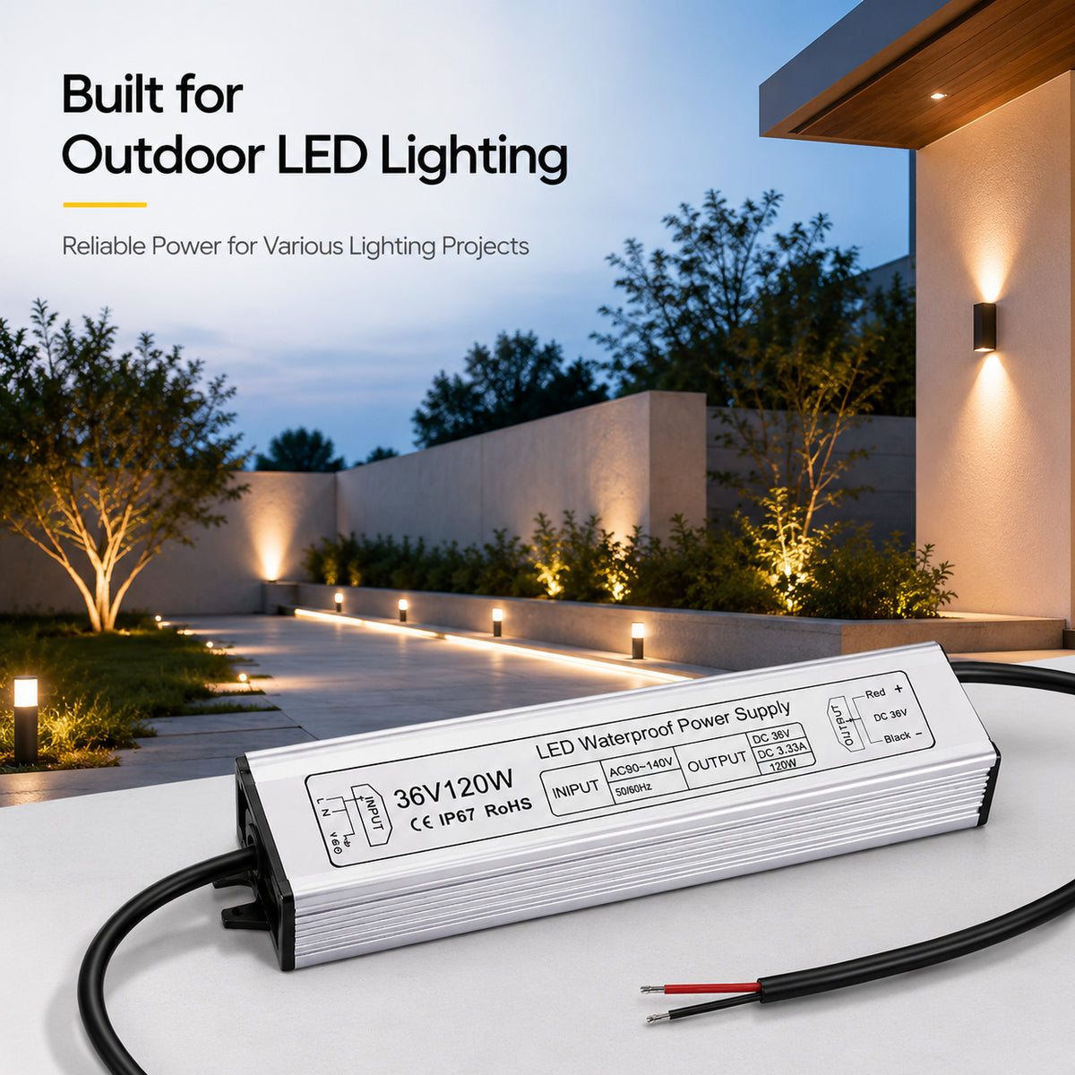 120W 36V/48V Waterproof LED Power Supply, 90-140V Input, Single Output, Aluminum Housing, Outdoor LED Lighting Driver, CE/RoHS/FCC Certified, US Plug