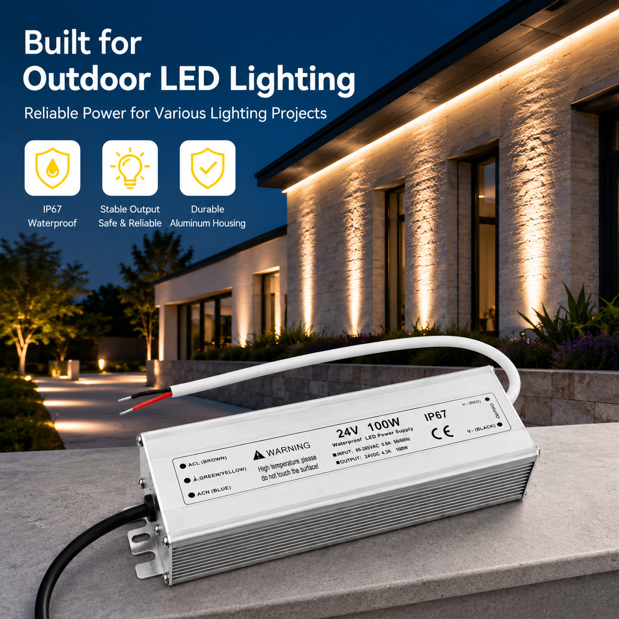 100W 12V/24V Waterproof LED Power Supply, 90-265V Input, Single Output, Aluminum Housing, Outdoor LED Lighting Driver, CE/RoHS/FCC Certified, US/UK/EU Plug