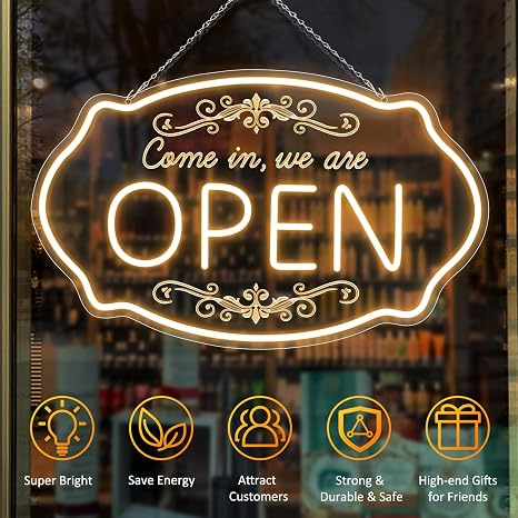 WE ARE OPEN COME IN LED Silicone LED shop signs – 23.5×14 Inch & 16.5×10 Inch | 5V USB Powered Dimmable Light with Engraved Back Design for Cafes, Restaurants & Retail Shops