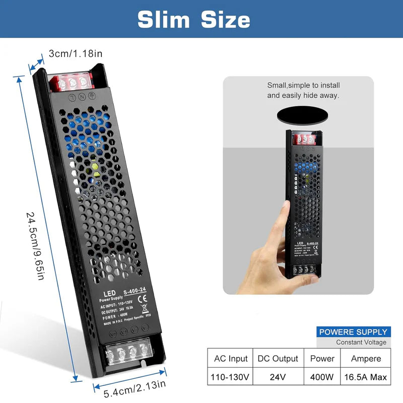 Slim Black DC 12V/24V 300W–400W Switching Power Supply, AC 110–130V/175–250V Input, LED Driver Transformer with Built-in Cooling Fan, CE/FCC/RoHS Certified