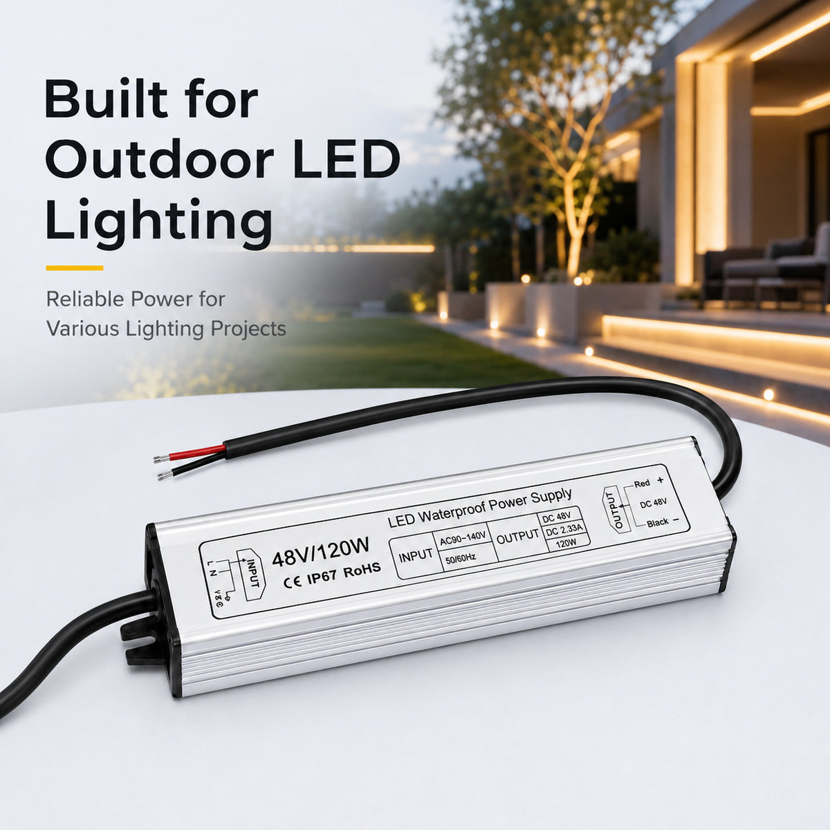120W 36V/48V Waterproof LED Power Supply, 90-140V Input, Single Output, Aluminum Housing, Outdoor LED Lighting Driver, CE/RoHS/FCC Certified, US Plug