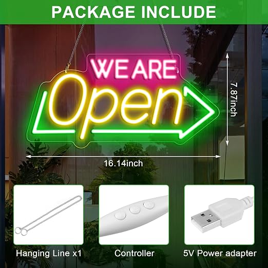 WE ARE OPEN Silicone LED shop signs – USB Powered | 16.1×7.8 inch | Arrow Shape LED Window Sign |  Yellow + Red + Green Glow for Cafes, Restaurants & Retail Shops