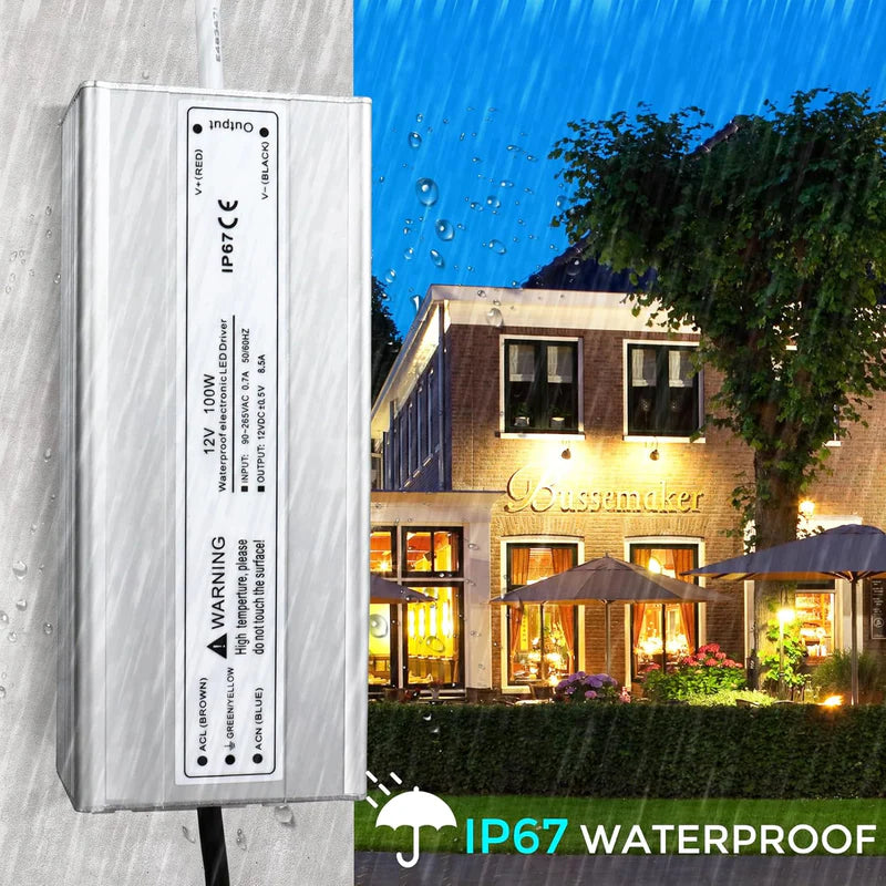 12V Waterproof LED Power Supply, 30W–300W Outdoor LED Driver, 90–265V AC Input, Single or Dual Wire Output, CE/RoHS/FCC Certified, US / UK / EU Plug &amp; Wire Lead Options