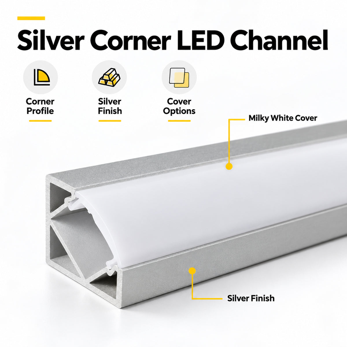 Silver V03 18x18mm V-Shape Corner-Mount LED Aluminum Channel, 12mm Inner Width, with Cover, End Caps & Mounting Clips