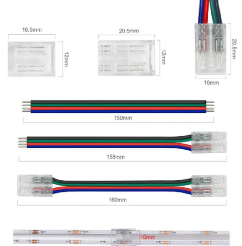 LightingWill LED Strip Connector 10mm 4Pin Transparent Solderless Clips, LED Light Strip Connector Strip to Wire Strip to Strip Female Plug Connector for RGB Strip, Local Stock US UK
