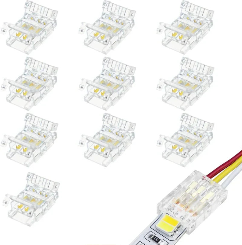 LightingWill LED Strip Connector 10mm 3Pin Transparent Solderless Clips, LED Light Strip Connector Strip to Wire Strip to Strip DC Adapter Connector for RGB IC Strip, Bulk 500pcs MOQ Factory Direct