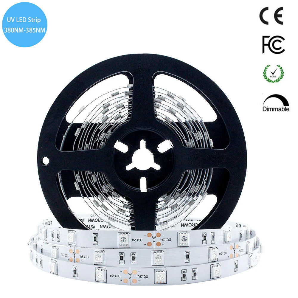 LightingWill 380–385nm SMD5050 UV LED Strip Light – 30/60/120 LEDs/m, 5M (16.4FT), DC12V, Non-Waterproof/IP67