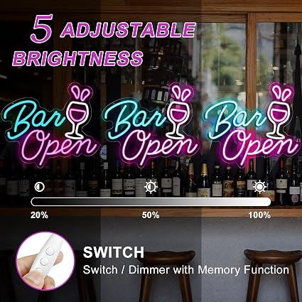 BAR OPEN Silicone LED Shop Sign – 16.5×14.3 Inch | 5V USB Powered Dimmable Commercial LED Sign | White + Pink + Blue Glow with Wine Glass Design | Window Hanging Business Sign for Bars, Restaurants, Cafes & Hospitality Spaces