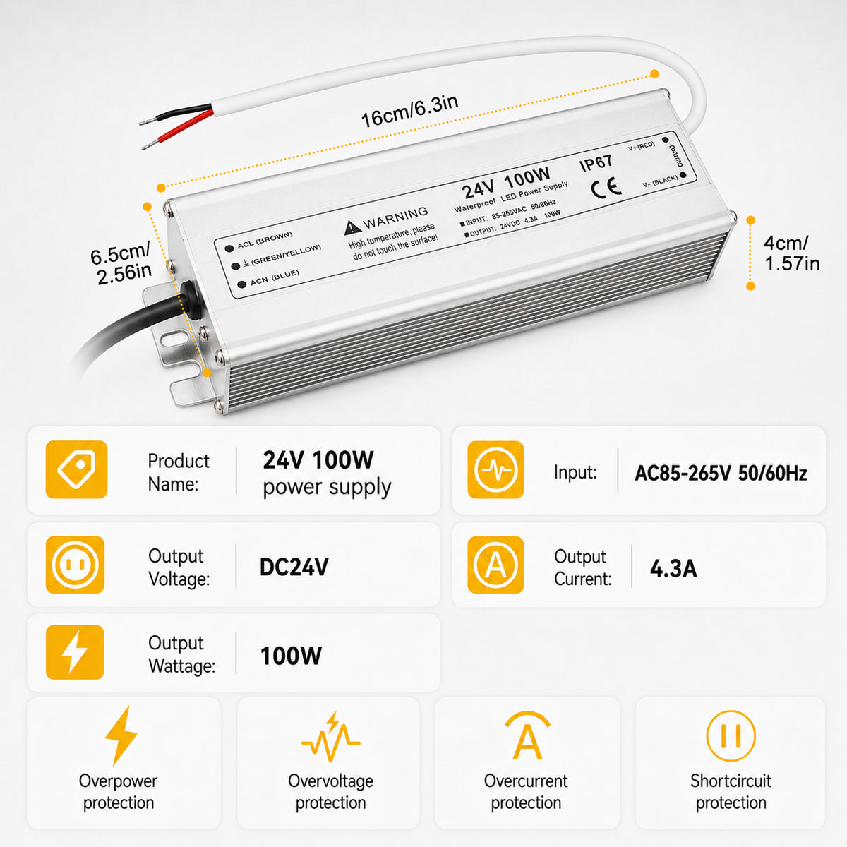 100W 12V/24V Waterproof LED Power Supply, 90-265V Input, Single Output, Aluminum Housing, Outdoor LED Lighting Driver, CE/RoHS/FCC Certified, US/UK/EU Plug