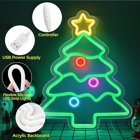 LED Neon Signs – Christmas Tree Silicone Neon Sign – 18.5×14.17 Inch | USB Neon Light for Wall Decor | Dimmable Neon Lamp with Accessories Included | Hanging Holiday Decor for Christmas Party, Bedroom & Home Spaces
