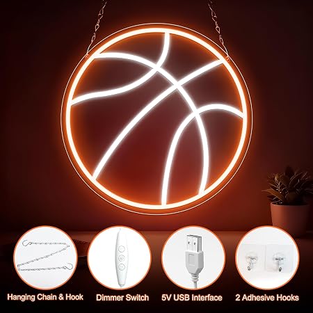 LED Neon Signs – Basketball Silicone Neon Sign – 12.5×12.5 Inch | 5V USB Powered Dimmable Orange & White Glow LED Wall Light | Neon Lamp with Accessories Included | Hanging Sports Decor for Bedroom, Game Room, Bar & Party Spaces