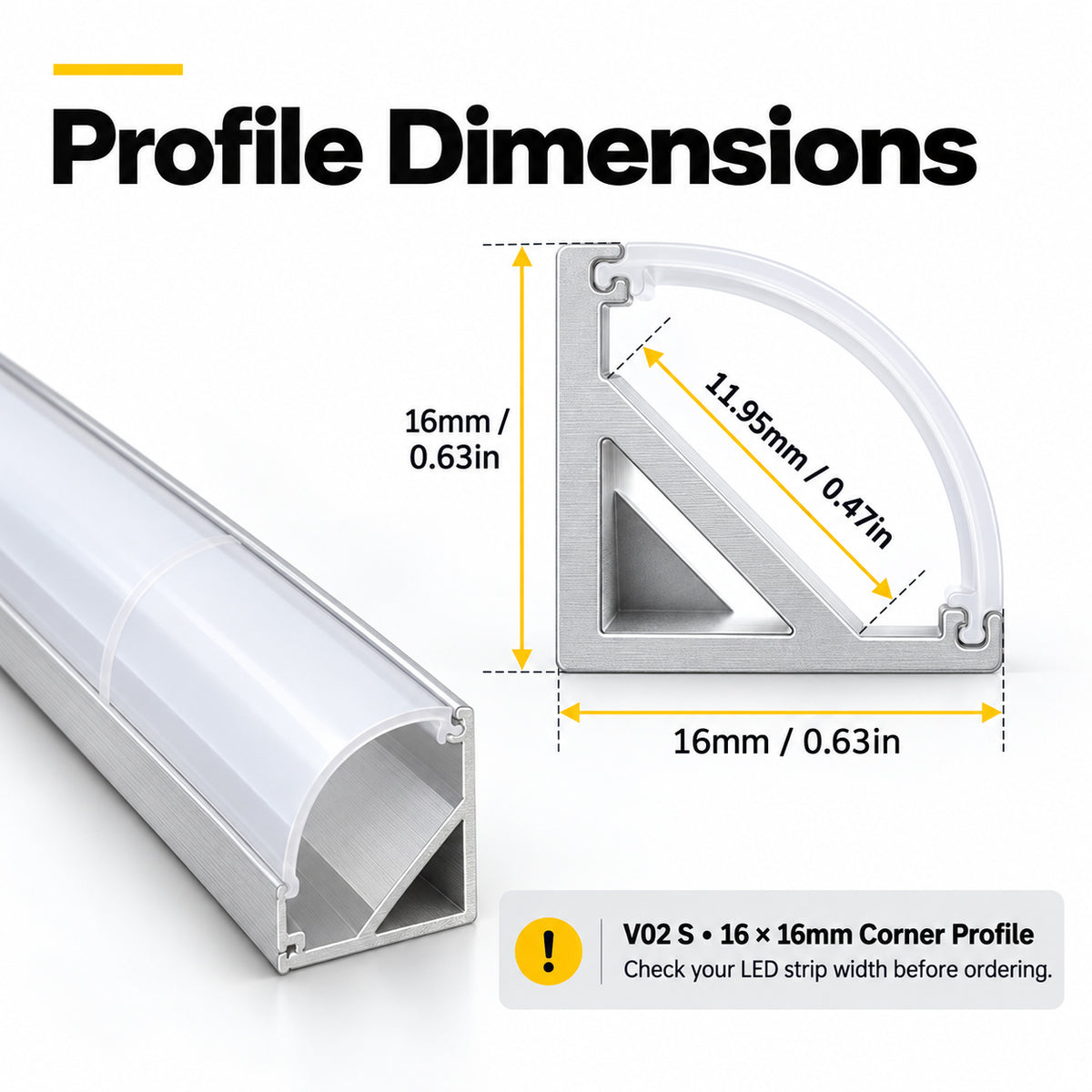 Silver V02 16x16mm V-Shape Corner-Mount LED Aluminum Channel, 12mm Inner Width, with Cover, End Caps & Mounting Clips