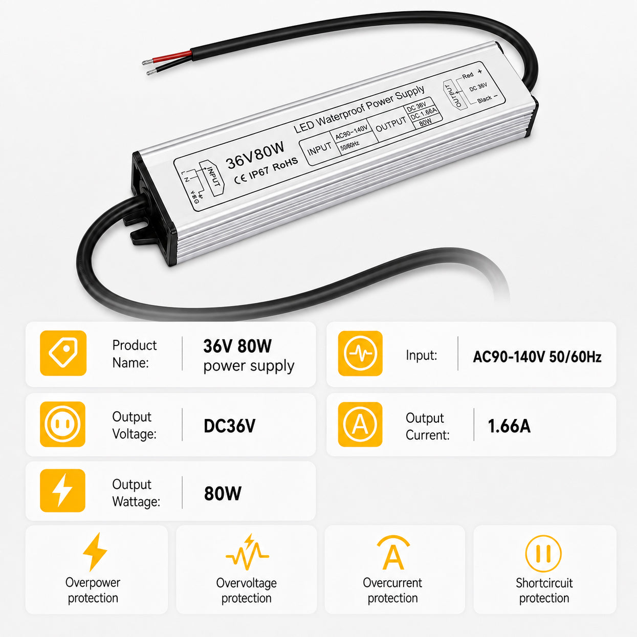 80W 12V/24V/36V/48V Waterproof LED Power Supply, 90-265V Input, Single Output, Aluminum Housing, Outdoor LED Lighting Driver, CE/RoHS/FCC Certified, US/UK/EU Plug