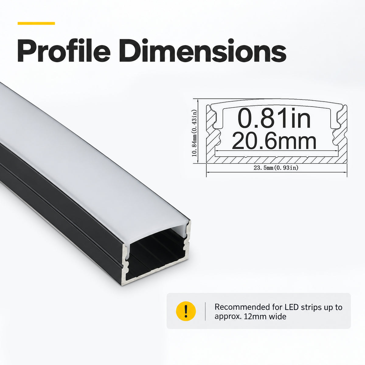 Schwarzes U04 10 x 23 mm U-förmiges Innenmaß 20 mm LED-Aluminium-Kanalsystem mit Abdeckung, Endkappen und Befestigungsklammern, Aluminium-Strangpressprofil für die Installation von LED-Lichtstreifen