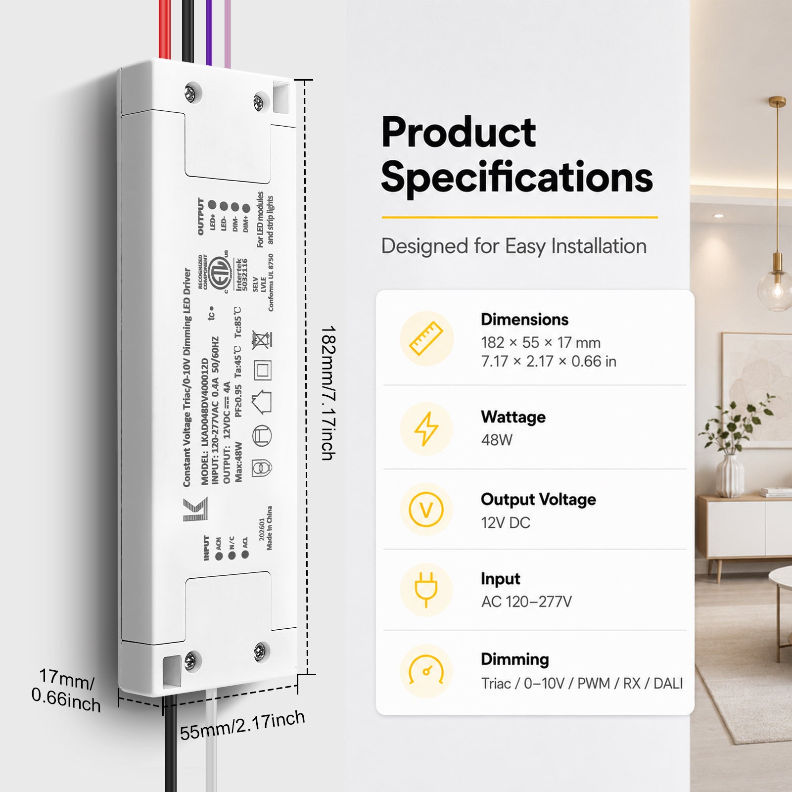 48W 12V DC Plastic Case Triac Dimmable LED Driver, ETL Listed, AC 120-277V Input, LED Driver for LED Strip Lighting / Under Cabinet Lighting / Home Ambient Lighting