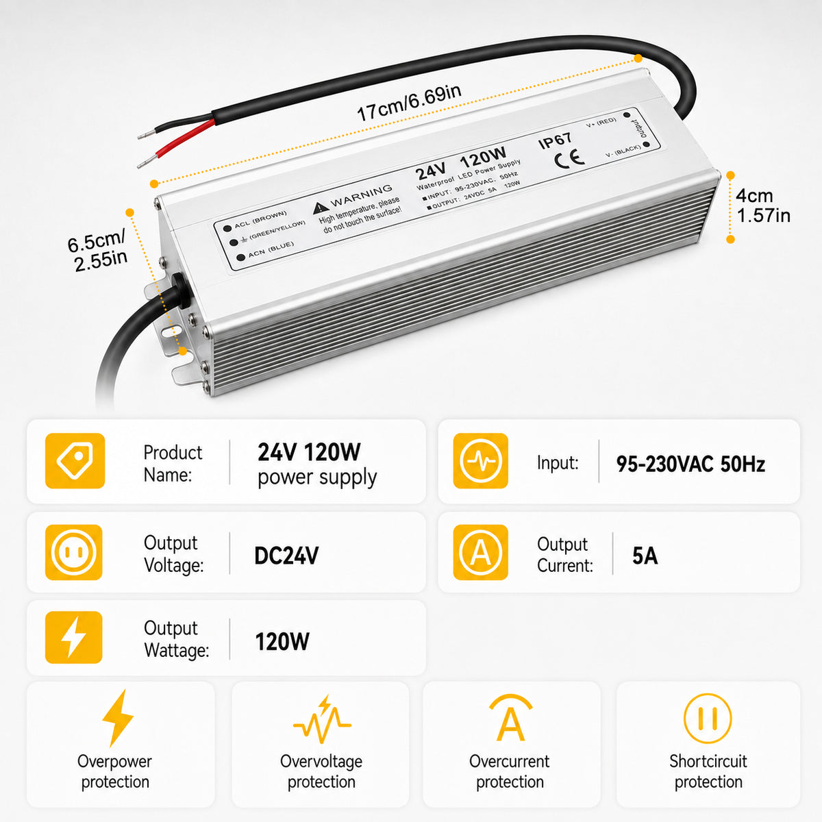 120W 12V/24V Waterproof LED Power Supply, 90-265V Input, Single/Dual Output, Aluminum Housing, Outdoor LED Lighting Driver, CE/RoHS/FCC Certified, US/UK/EU Plug