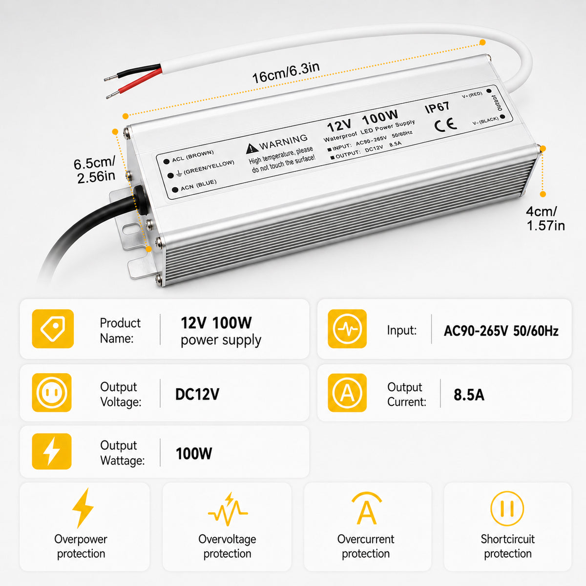100W 12V/24V Waterproof LED Power Supply, 90-265V Input, Single Output, Aluminum Housing, Outdoor LED Lighting Driver, CE/RoHS/FCC Certified, US/UK/EU Plug