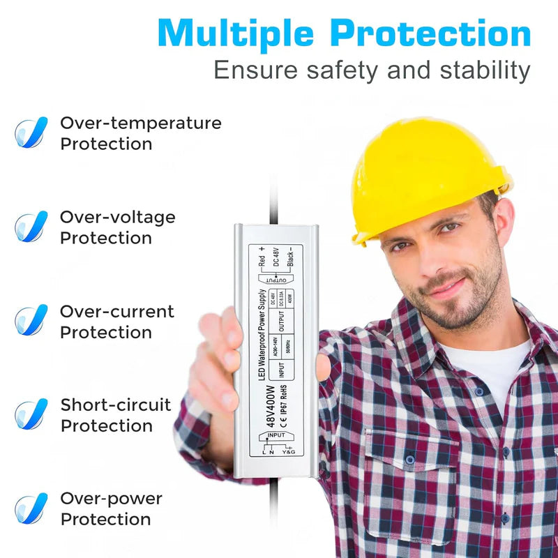 48V IP67 Waterproof LED Power Supply – 100W–400W Constant Voltage Transformer, 175–265V AC Input, Single Output SMPS, CE/RoHS/FCC Certified, UK/EU Plug & Wire Lead Options