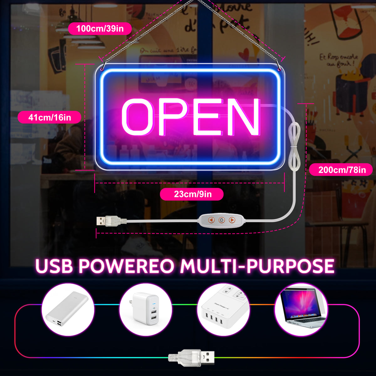 LightingWill Neon Open Sign Light – 16"x9" LED Open Sign with Adjustable Brightness, USB Powered 5V Electric Business Sign for Shops, Bars, Cafes, Hotels, Windows, and Outdoor Use