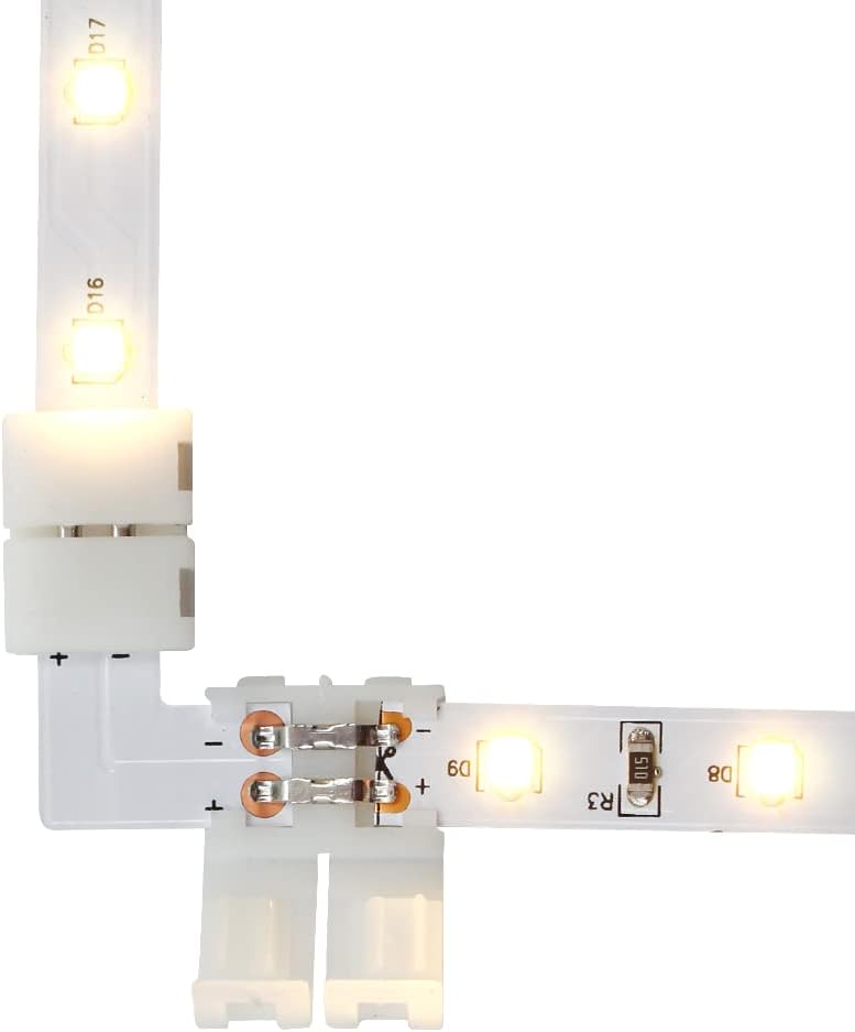 LightingWill 10pcs Pack L Shape Solderless Snap Down 2Conductor LED Strip Connector for Right Angle Corner or 90 Degree Connection of 8mm Wide 3528 2835 Single Color Flex LED Strips