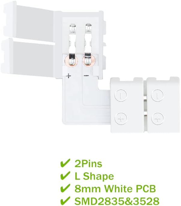 LightingWill 10pcs Pack L Shape Solderless Snap Down 2Conductor LED Strip Connector for Right Angle Corner or 90 Degree Connection of 8mm Wide 3528 2835 Single Color Flex LED Strips