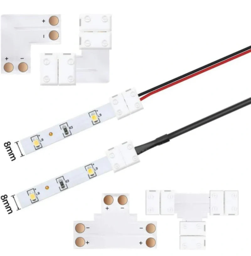 LightingWill LED Strip Connector 8mm 2Pin Solderless Clips, LED Light Strip Connector Strip to Wire Strip to Strip DC Adapter L T Connectors, Local Stock US UK