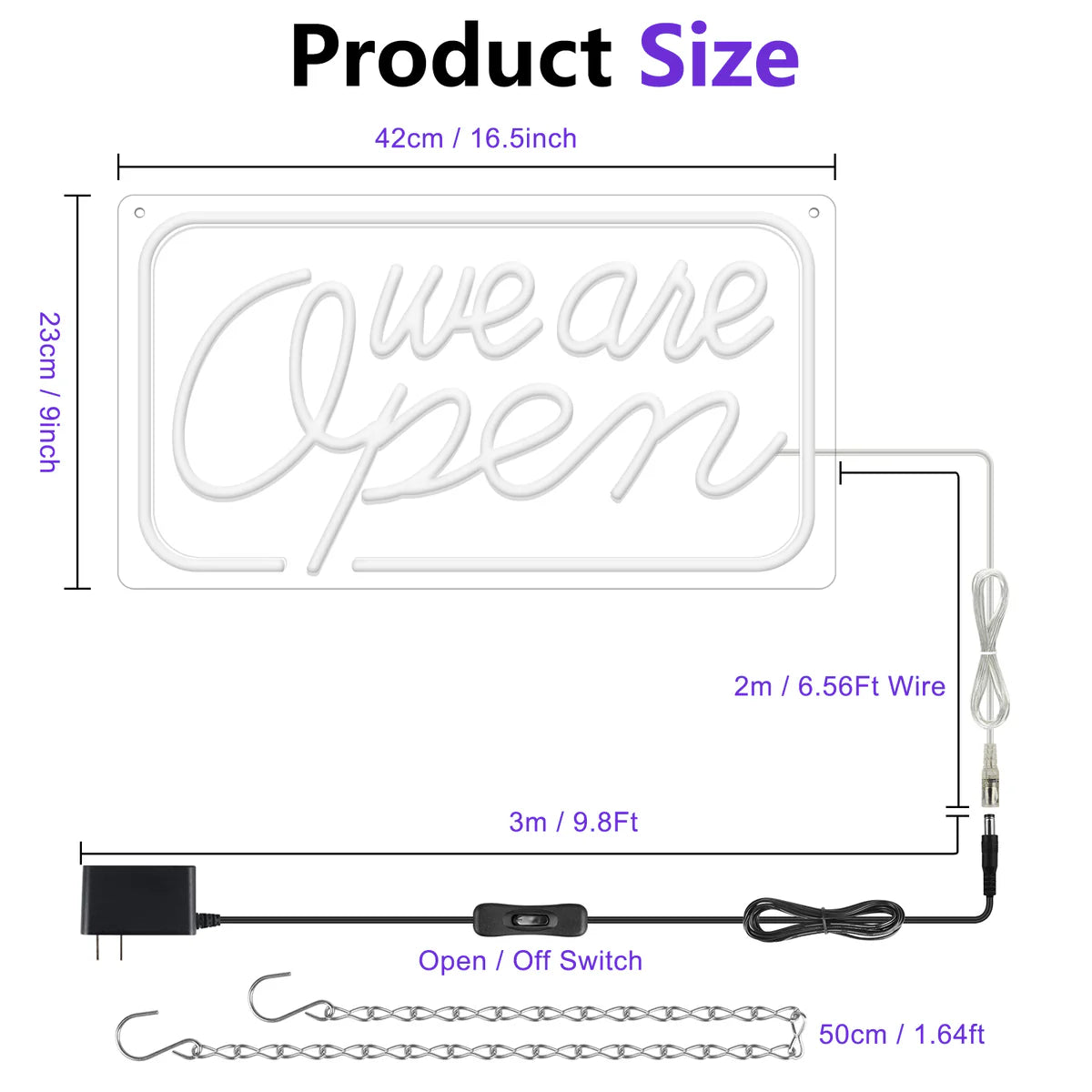 We Are Open Neon Sign – 5 Glow Color Options | 24×12.5 inch (60×32 cm) | Window Hanging | Plug & Play for Storefronts
