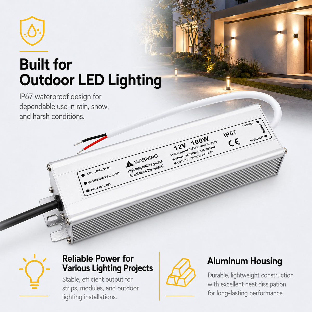100W 12V/24V Waterproof LED Power Supply, 90-265V Input, Single Output, Aluminum Housing, Outdoor LED Lighting Driver, CE/RoHS/FCC Certified, US/UK/EU Plug
