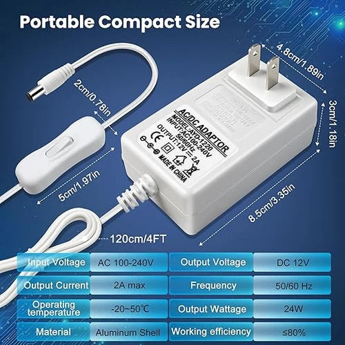 DC 12V Plug-in LED Adapter with On/Off Switch, 36W, US Plug, White Housing, 100–240V AC Input - Power Supply for LED Strip Lights, Decorative Lighting and Home Projects