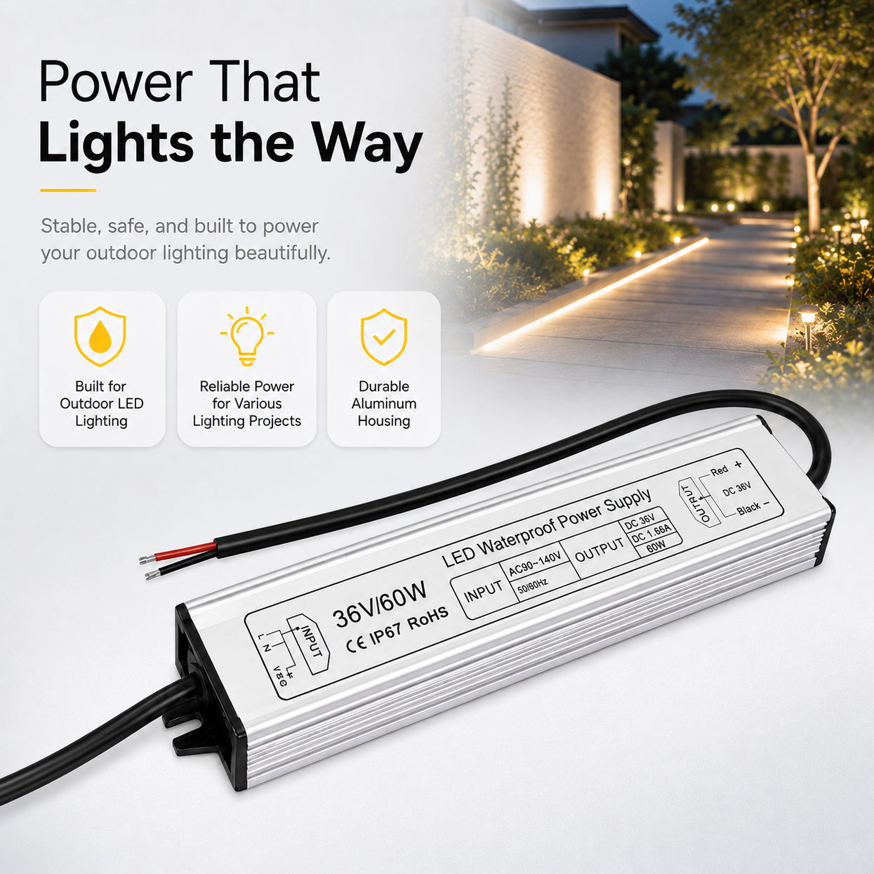 60W 12V/24V/36V/48V Waterproof LED Power Supply, 90-265V Input, Single Output, Aluminum Housing, Outdoor LED Lighting Driver, CE/RoHS/FCC Certified, US/UK/EU Plug