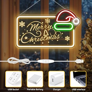 LED Neon Signs – MERRY CHRISTMAS Silicone Neon Sign with Santa Hat – 16.5×10 Inch | Yellow, Red, Green & White Glow Neon Lamp with Accessories Included | Hanging Holiday Decor for Christmas Party, Bedroom & Home Spaces