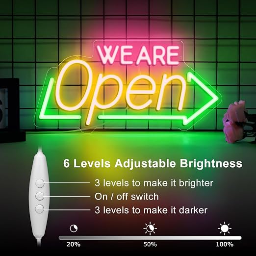 WE ARE OPEN Silicone LED shop signs – USB Powered | 16.1×7.8 inch | Arrow Shape LED Window Sign |  Yellow + Red + Green Glow for Cafes, Restaurants & Retail Shops
