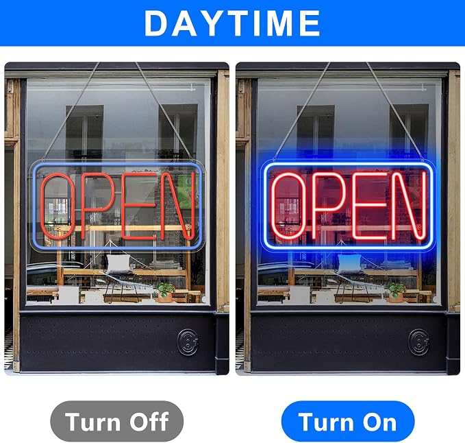 OPEN Silicone LED shop signs – USB Powered | 16×9 inch | Blue + Red Glow | LED Window Hanging Light for Cafes, Restaurants & Retail Shops