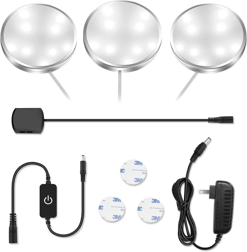 LightingWill LED Puck Cabinet Lights 3/6 Pack 12V Adapter, Touch Dimmable Under Cabinet Lights, Warm White / Daylight White, Silver Finish, Adhesive Mount for Kitchen and Cabinets, US / UK Plug