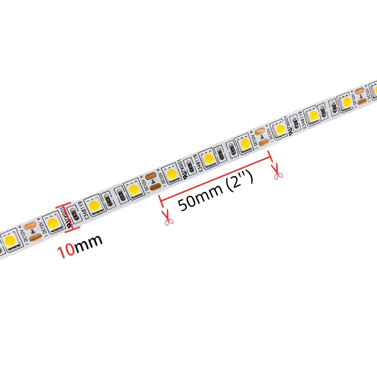 SMD5050 High Brightness LED Strip Light | 5M | DC 12V | 60 LEDs/m | 10mm PCB | 26–28lm/LED | Low Voltage LED Tape | IP00 / IP67 | Warm White / Natural White / Cool White / Golden Yellow / Pink