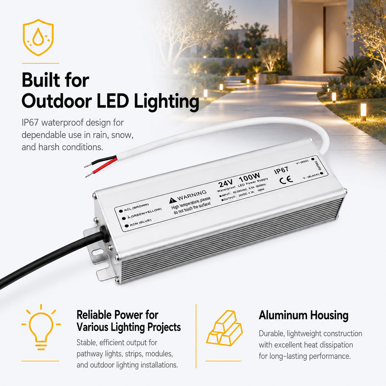 100W 12V/24V Waterproof LED Power Supply, 90-265V Input, Single Output, Aluminum Housing, Outdoor LED Lighting Driver, CE/RoHS/FCC Certified, US/UK/EU Plug