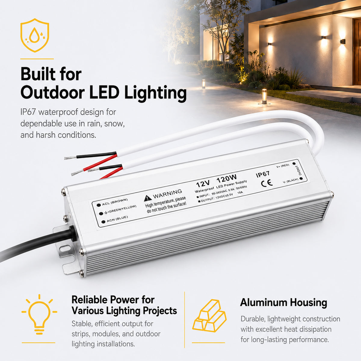 120W 12V/24V Waterproof LED Power Supply, 90-265V Input, Single/Dual Output, Aluminum Housing, Outdoor LED Lighting Driver, CE/RoHS/FCC Certified, US/UK/EU Plug