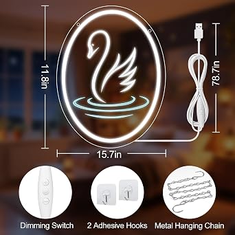 LED Neon Signs – Swan Silicone Neon Sign – 15.7×11.8 Inch | 5V USB Powered Dimmable White Glow LED Wall Light | Engraved Design Neon Lamp with Accessories Included | Hanging Decor for Bedroom, Vanity Room, Home & Party Spaces