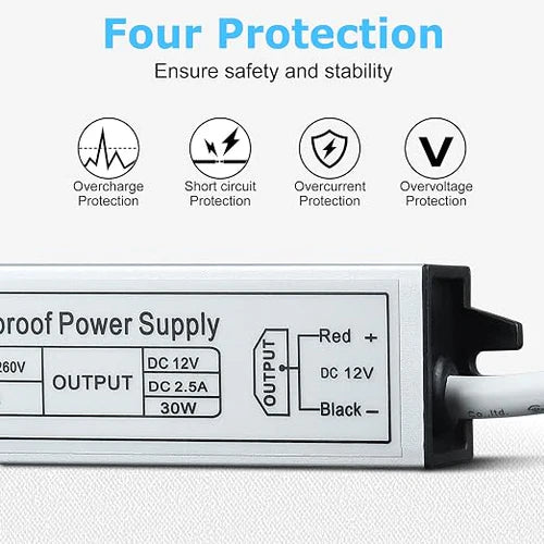 30W 12V/24V Waterproof LED Power Supply, 90-265V Input, Single Output, Aluminum Housing, Outdoor LED Lighting Driver, CE/RoHS/FCC Certified, US/UK/EU Plug
