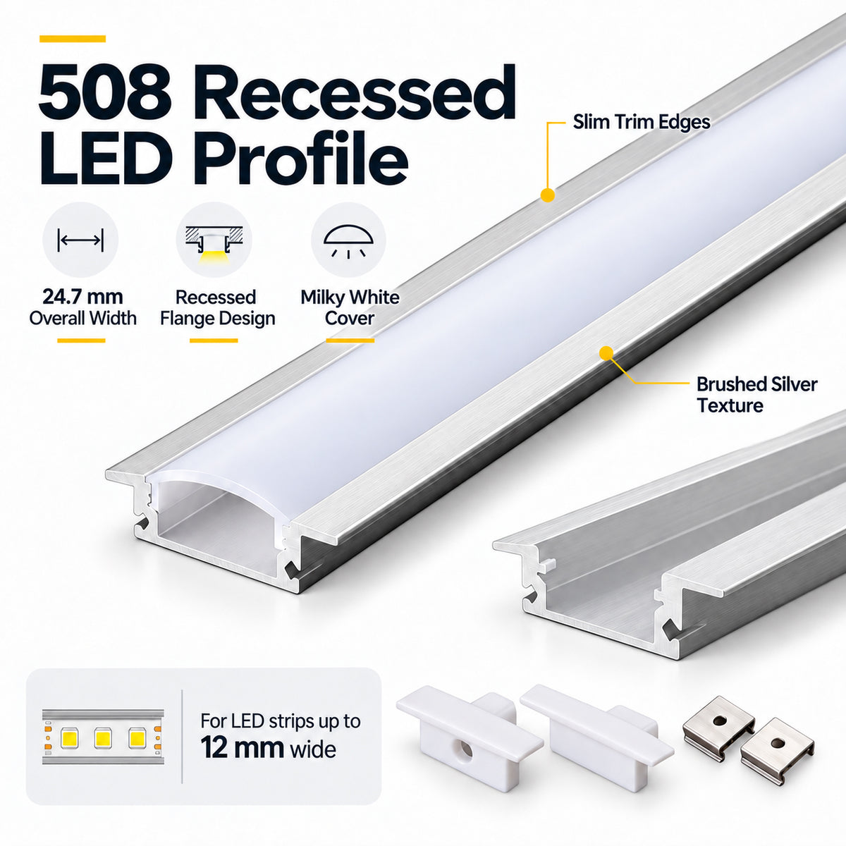 Silver 508-B 24.7 × 7mm Wall-Mount LED Aluminum Channel, 12mm Inner Width, with Milky White Cover & Installation Accessories