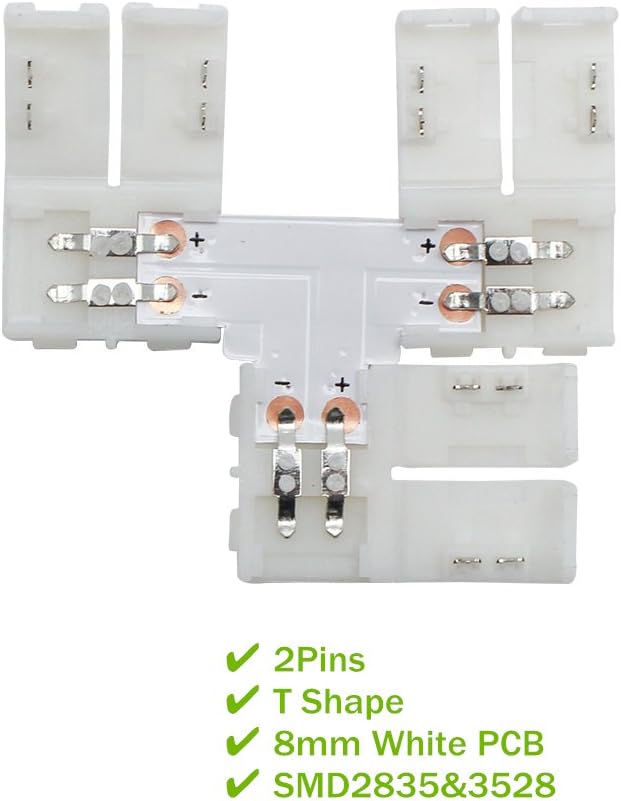 LightingWill 10pcs/Pack T Shape Solderless Snap Down 2Pin Conductor LED Strip Connector for Quick Splitter Connection of 8mm Wide 3528 2835 Single Color Flex LED Strips