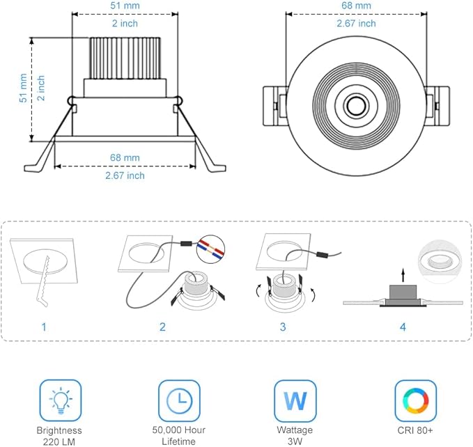 2Inch LED Recessed Ceiling Light, 3W Dimmable LED Downlight, Natural White 4000K, 60 Beam Angle COB Recessed Lights with Driver, 25W Halogen Bulbs Equivalent for Ceiling Lighting, White 10 Pack